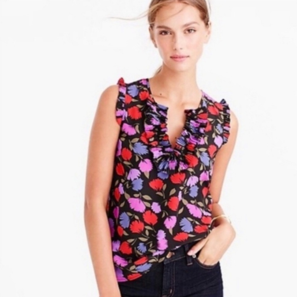 J. Crew Floral Silk Sleeveless Ruffle Blouse Tank Top Size 6 Pleated NEW NWT